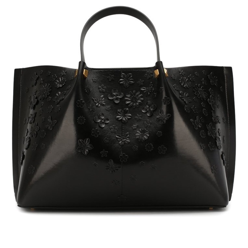 Valentino Floral Appliqué Leather Double Top Handle Bag